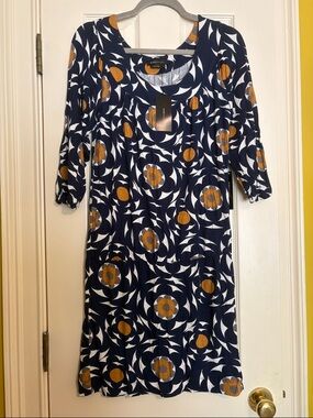BCBG Navy Floral-Print Dress with Mustard Accents